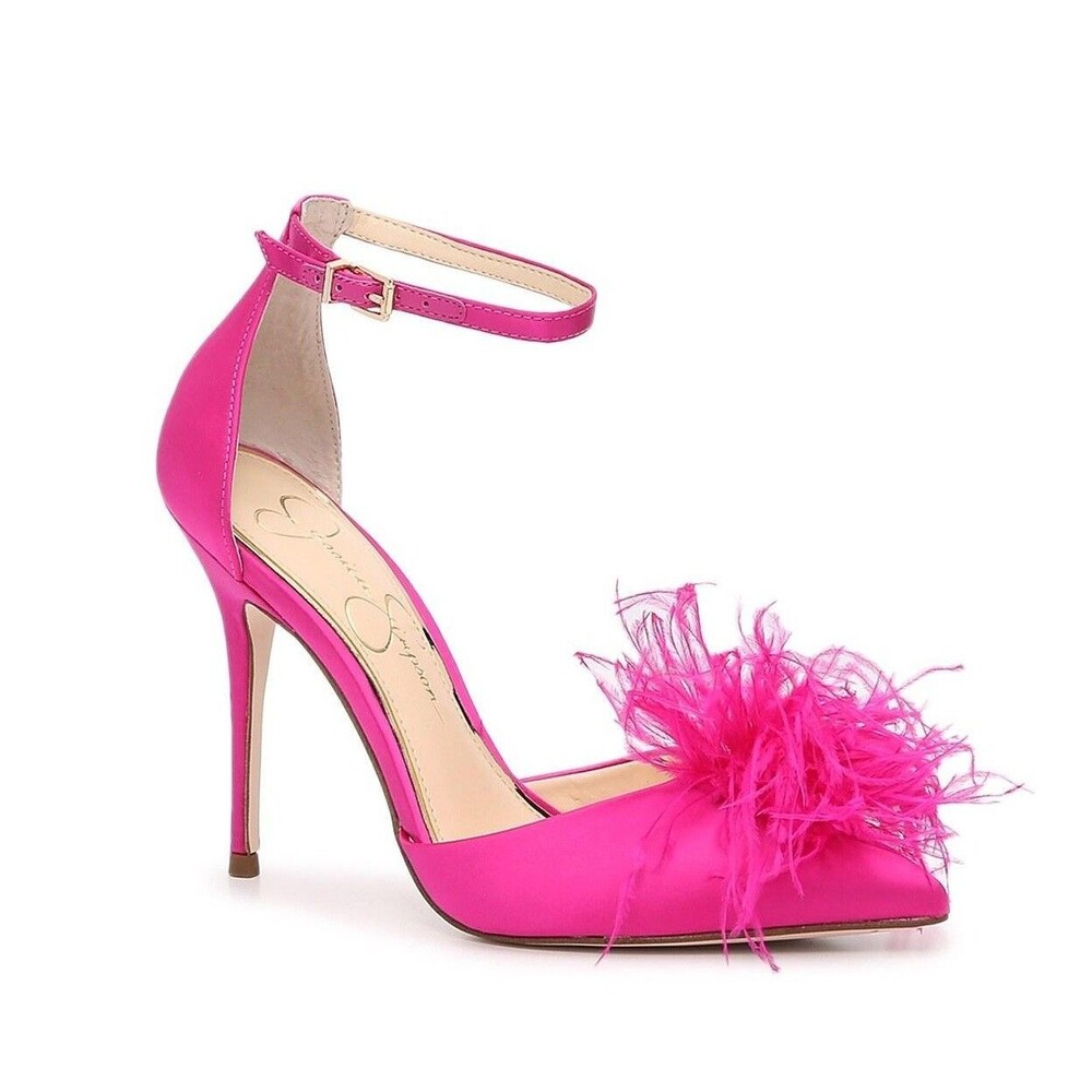 New Jessica Simpson Hot Pink Feather Pointed Toe Ankle Strap heel